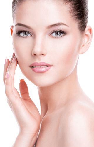 female facial liposuction patient touching youthful contours of face